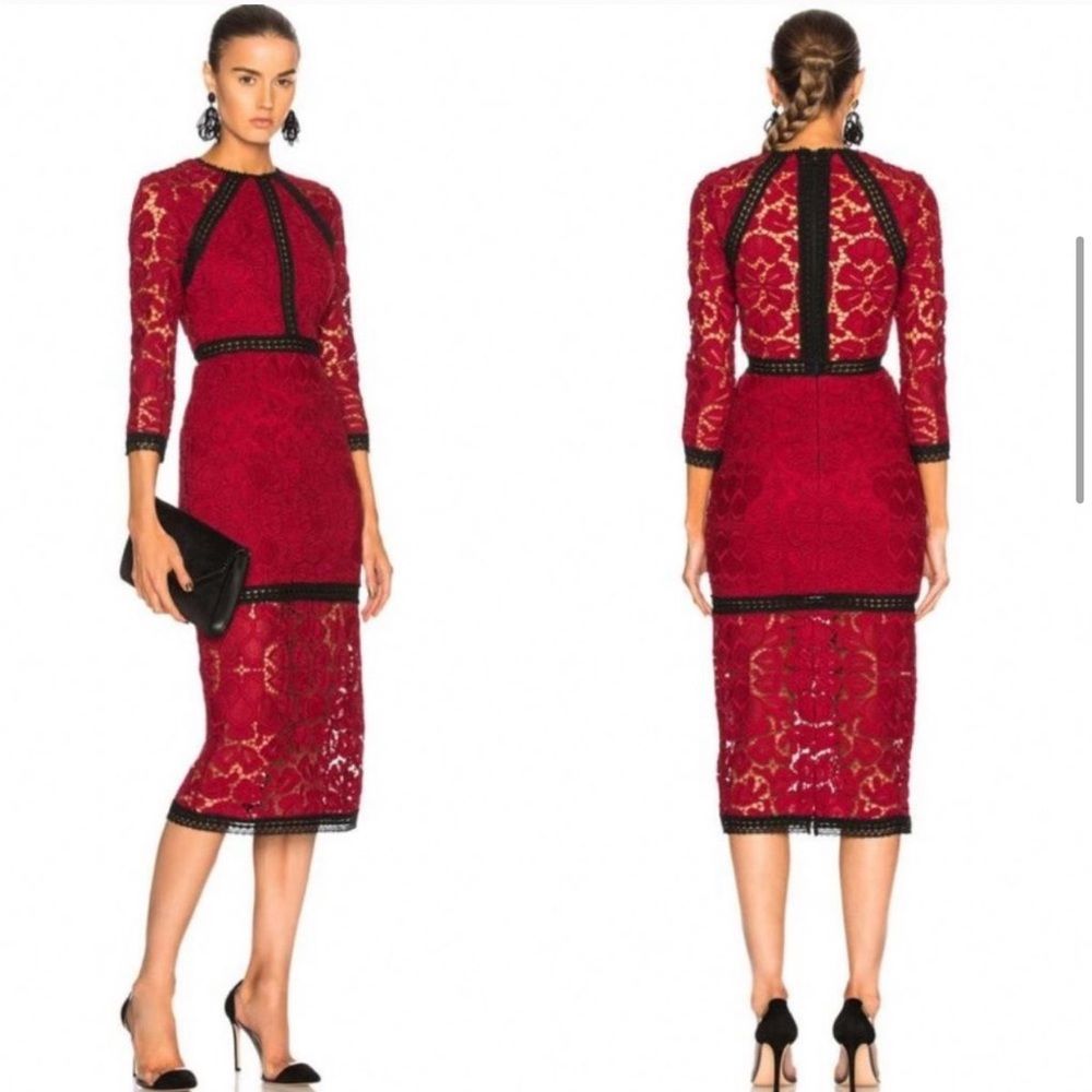 Alexis Randie Midi Cocktail Dress In Dark Red Lace